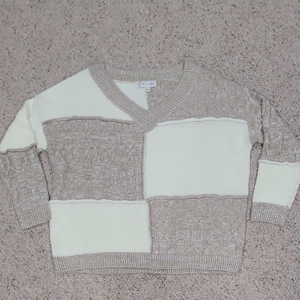 She + Sky Beige and White Knit Sweater